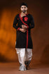 Ebony black pure cotton punjabi for men with red embroidery design 1