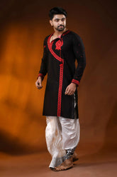 Ebony black pure cotton punjabi for men with red embroidery design 3