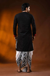 Ebony black pure cotton punjabi for men with red embroidery design 5