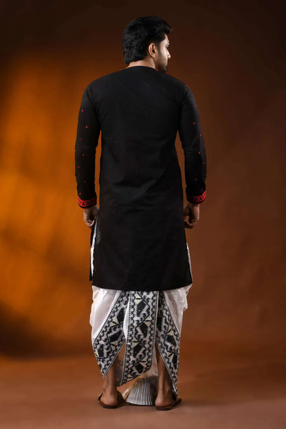 Ebony black pure cotton punjabi for men with red embroidery design 5