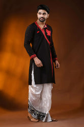 Ebony black pure cotton punjabi for men with red embroidery design 4