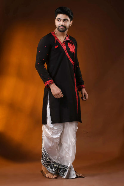 Ebony black pure cotton punjabi for men with red embroidery design 4