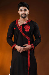 Ebony black pure cotton punjabi for men with red embroidery design 2