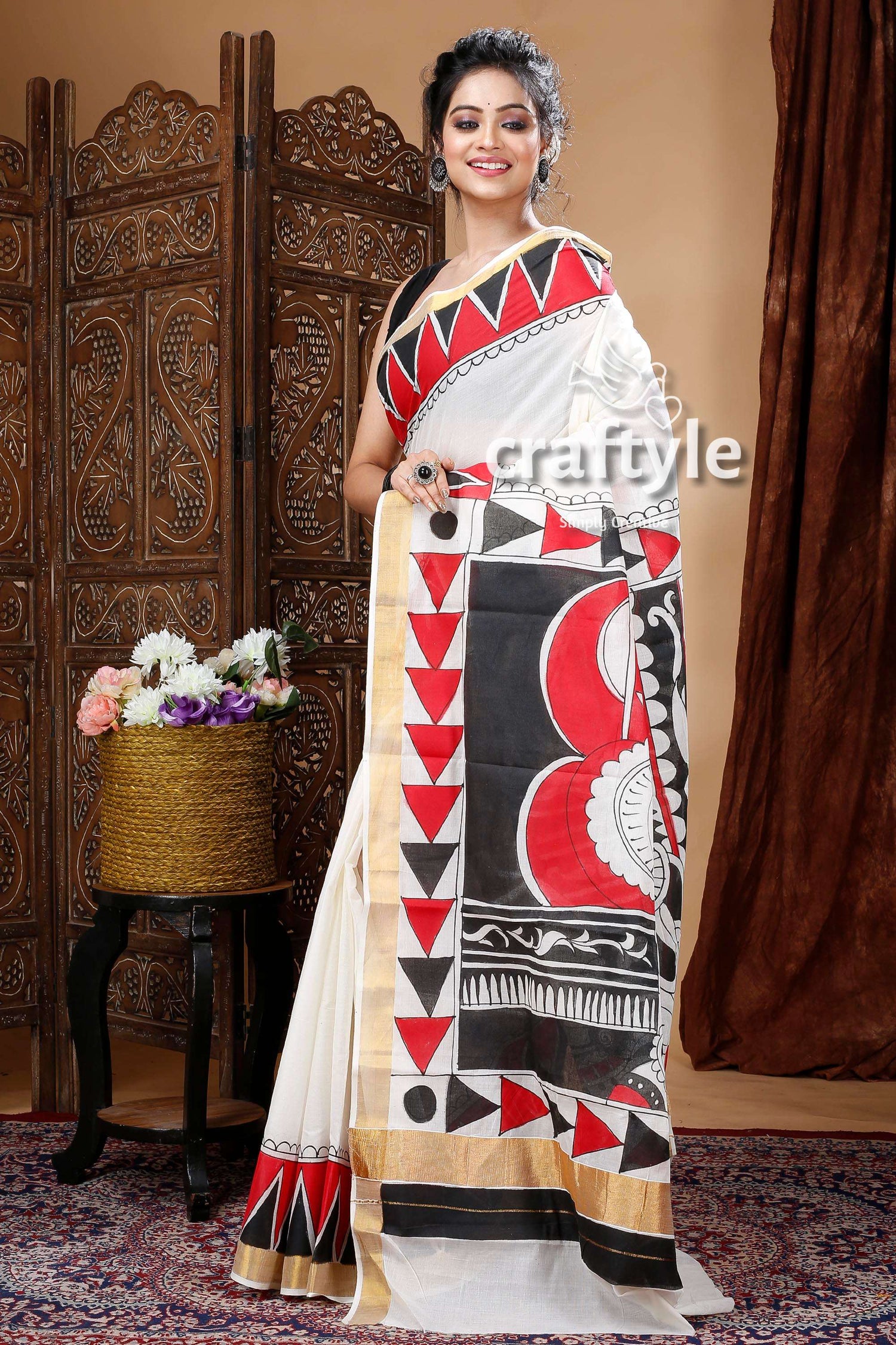 Ebony Black &amp; Red Designer Hand Painted Kerala Cotton Saree-Craftyle