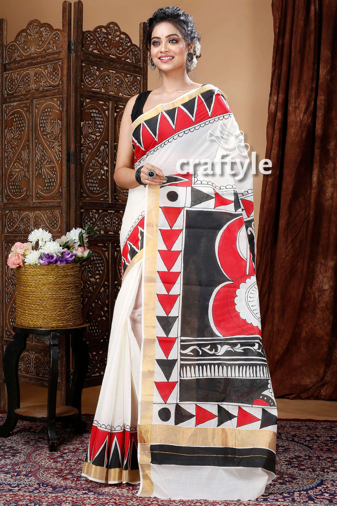 Ebony Black &amp; Red Designer Hand Painted Kerala Cotton Saree-Craftyle