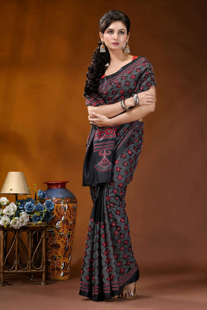 Ebony black red floral design handmade kantha embroidery silk saree black saree intricate red silver 4