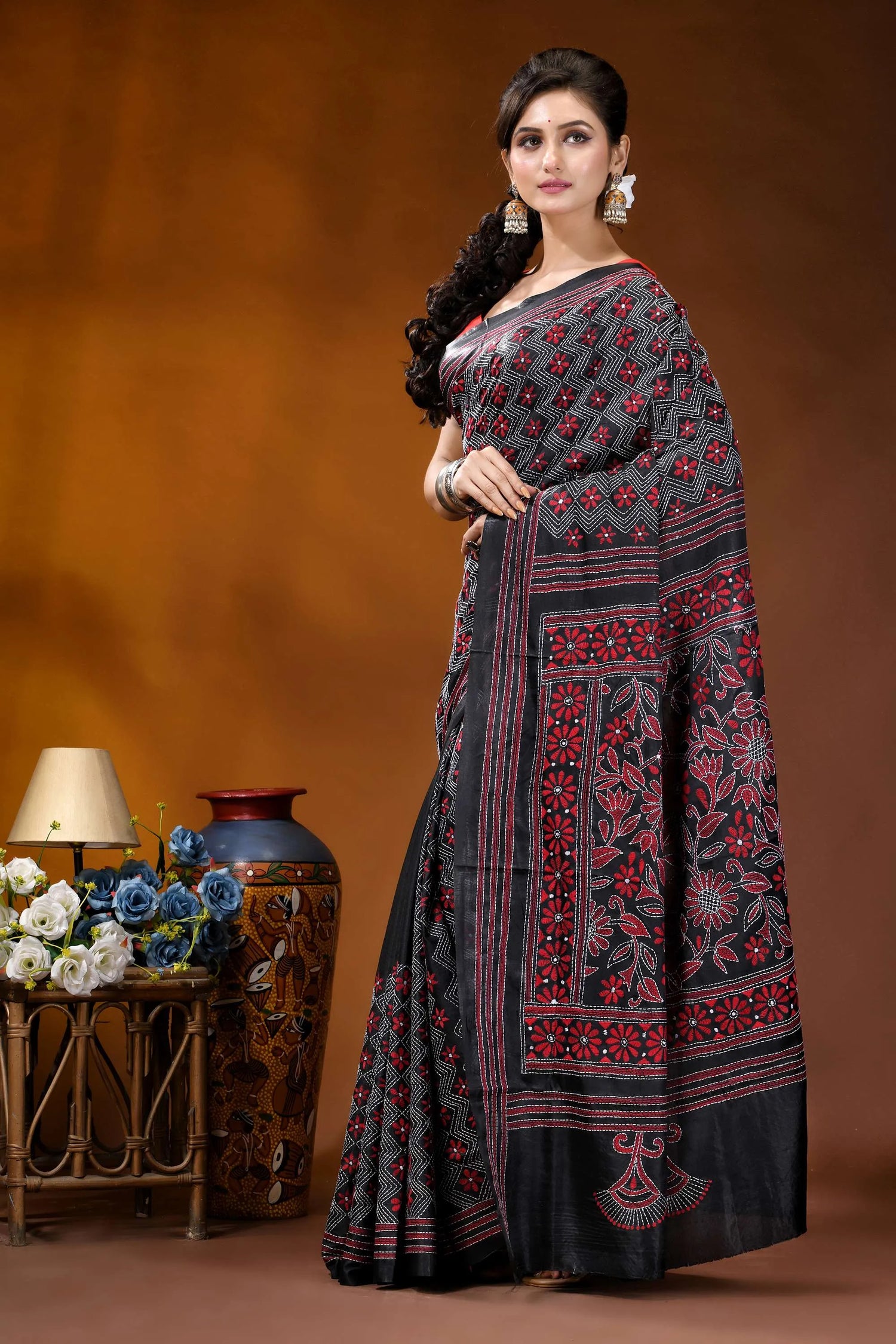 Ebony black red floral design handmade kantha embroidery silk saree black silk saree intricate red 3