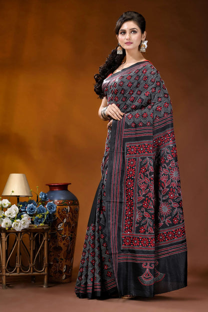 Ebony black red floral design handmade kantha embroidery silk saree black silk saree intricate red 3