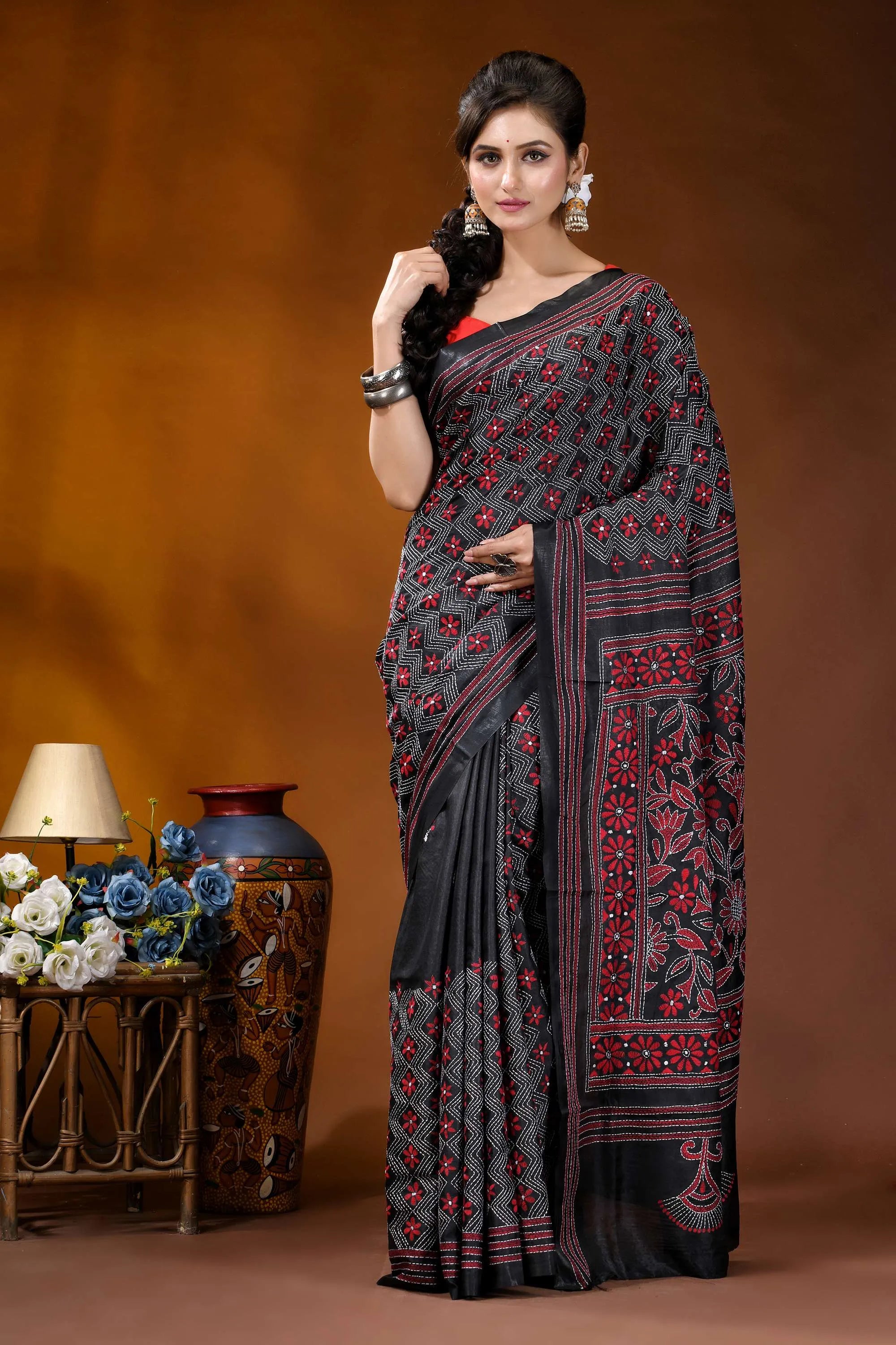 Ebony black red floral design handmade kantha embroidery silk saree black maroon embroidered saree intricate 1