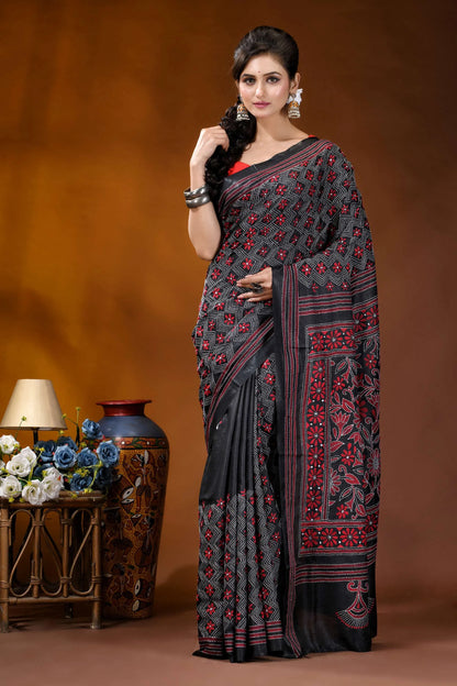 Ebony black red floral design handmade kantha embroidery silk saree black maroon embroidered saree intricate 1