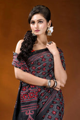 Ebony black red floral design handmade kantha embroidery silk saree black red patterned saree intricate 2