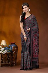 Ebony black red floral design handmade kantha embroidery silk saree black saree intricate red pink 6