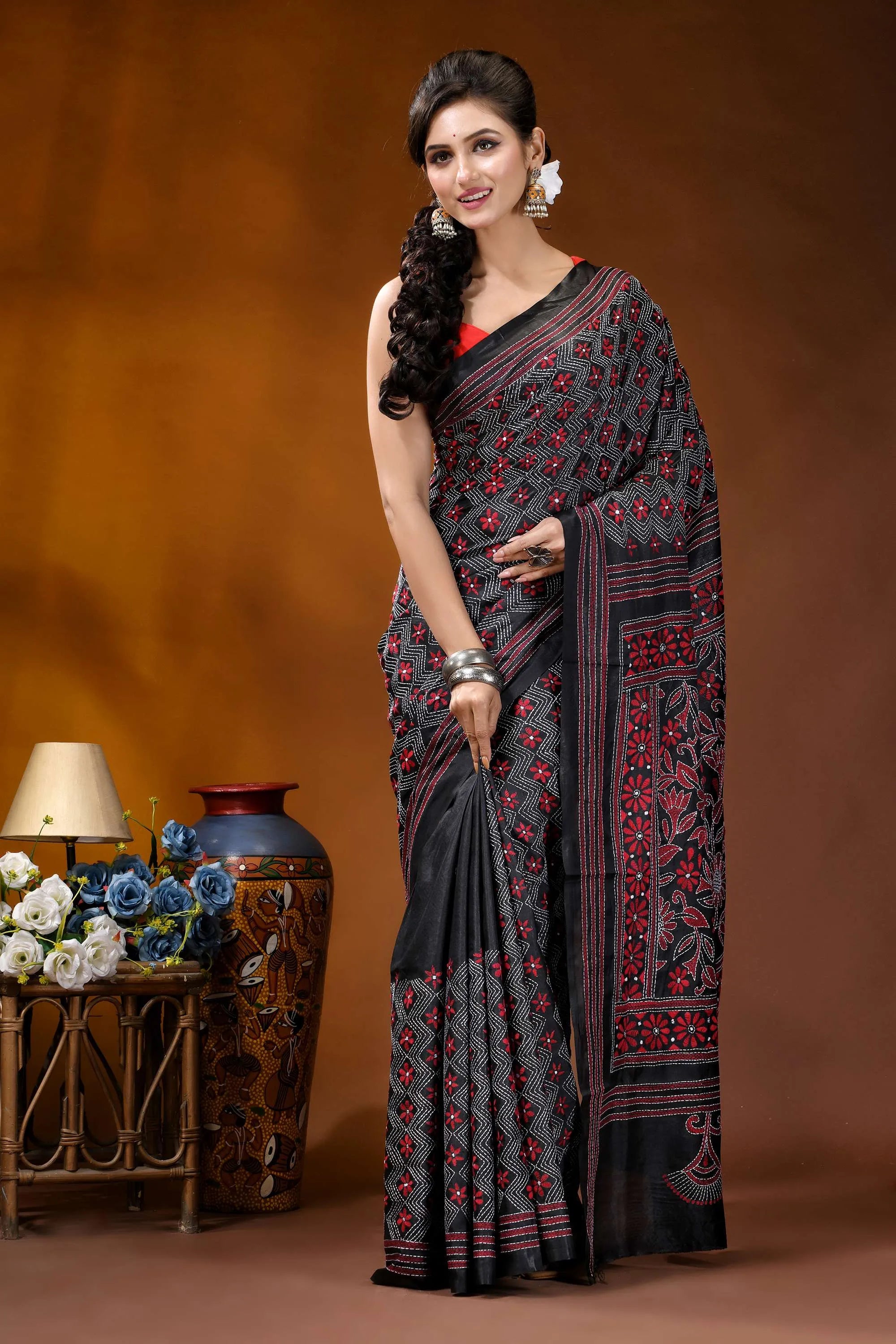 Ebony black red floral design handmade kantha embroidery silk saree black saree intricate red pink 6