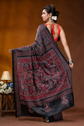 Ebony black red floral design handmade kantha embroidery silk saree black silk saree intricate red 5