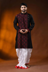 Ebony black red kantha stitch pure cotton kurta for men - hand embroidery 1