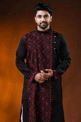 Ebony black red kantha stitch pure cotton kurta for men - hand embroidery 2