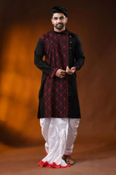 Ebony black red kantha stitch pure cotton kurta for men - hand embroidery 6