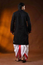 Ebony black red kantha stitch pure cotton kurta for men - hand embroidery 5