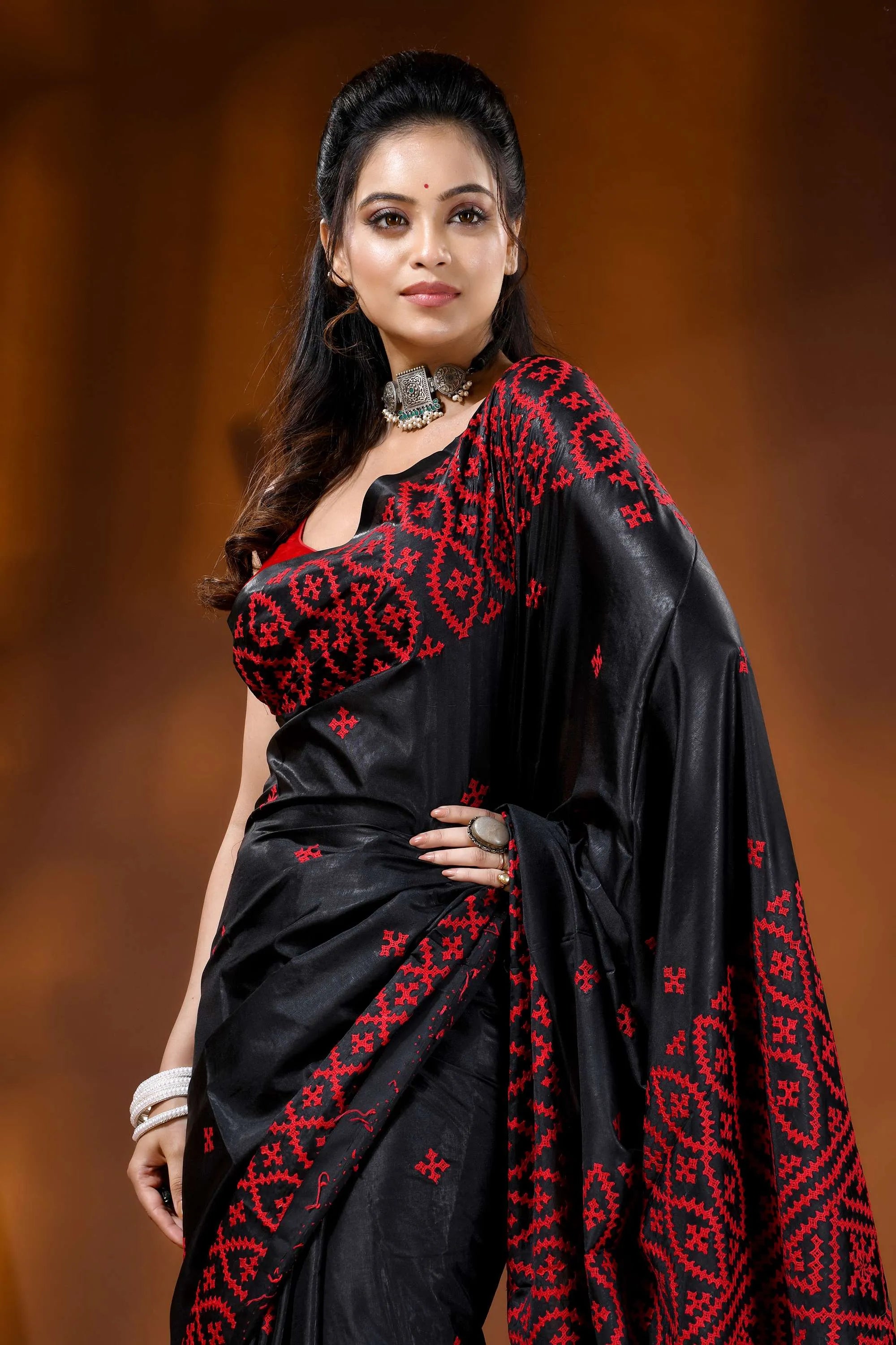 Ebony black red silk gujarati stitch saree - handmade geometric design 2