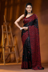 Ebony black red silk gujarati stitch saree - handmade geometric design 1
