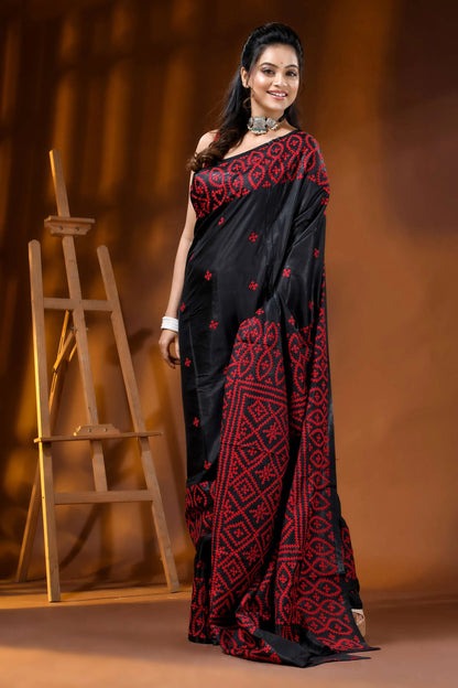 Ebony black red silk gujarati stitch saree - handmade geometric design 4