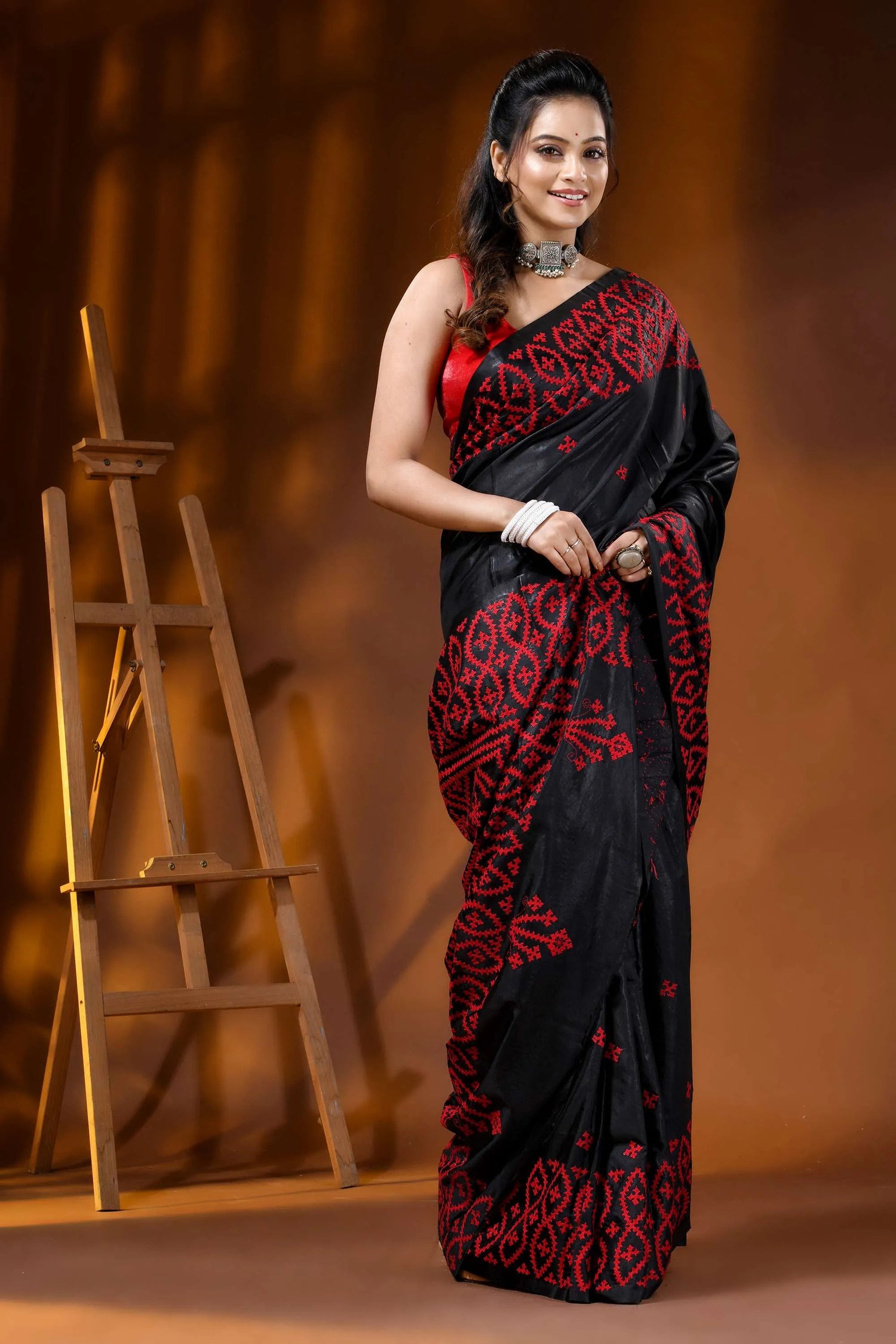 Ebony black red silk gujarati stitch saree - handmade geometric design 6