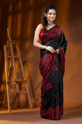 Ebony black red silk gujarati stitch saree - handmade geometric design 6