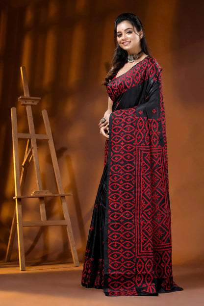 Ebony black red silk gujarati stitch saree - handmade geometric design 3