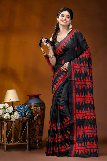 Ebony black red thread geometric motif handcrafted kantha silk saree black red patterned saree intricate 6