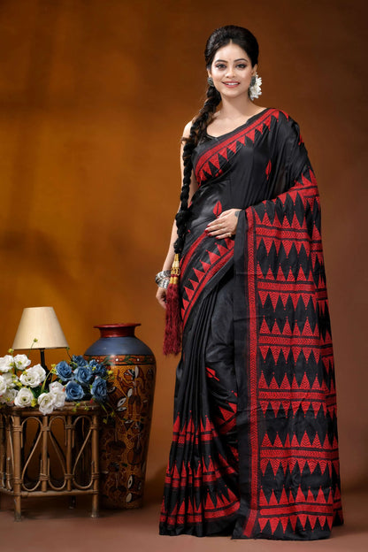 Ebony black red thread geometric motif handcrafted kantha silk saree black silk saree bold red 1