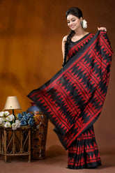 Ebony black red thread geometric motif handcrafted kantha silk saree black red patterned saree geometric 5