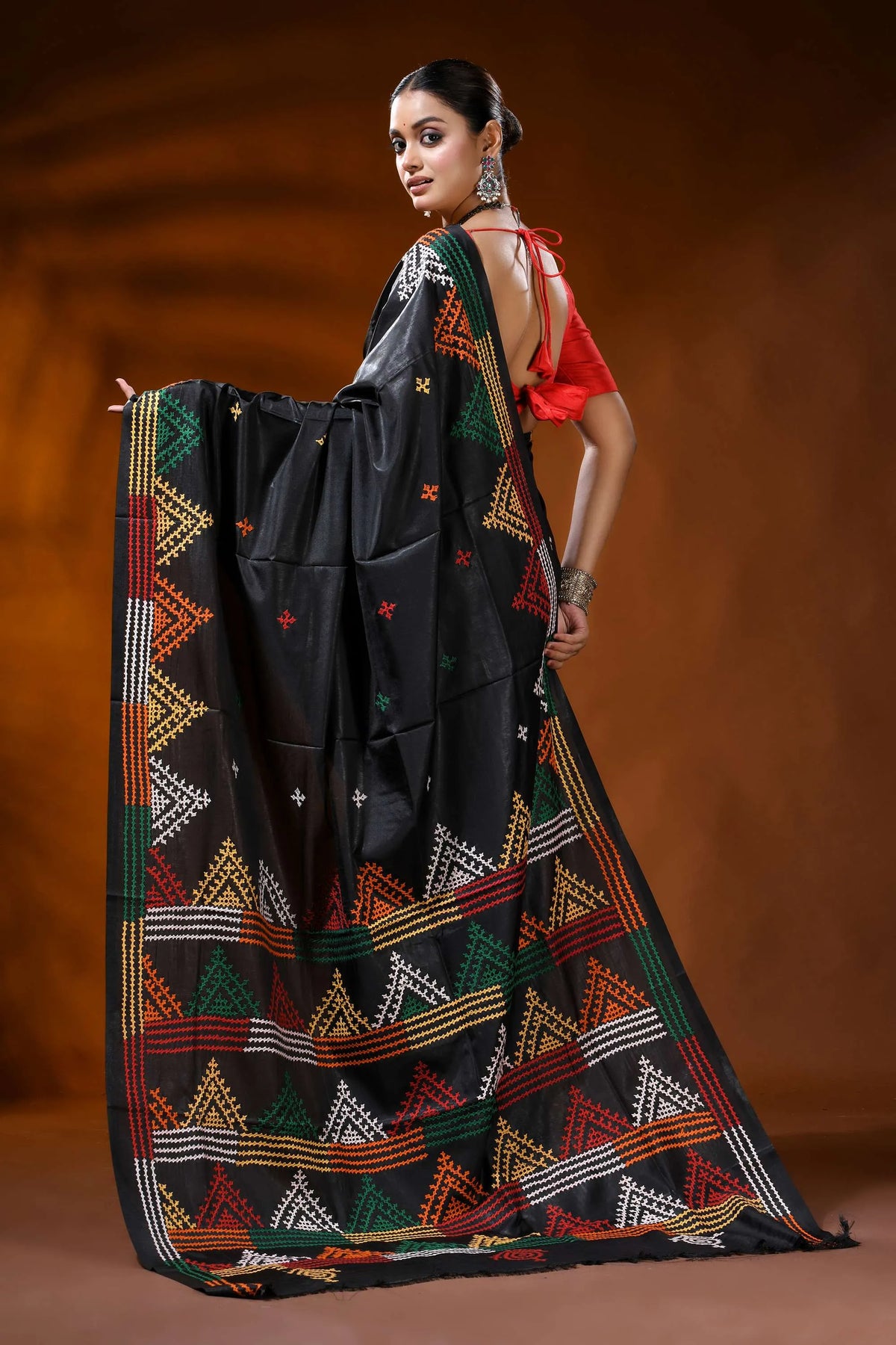 Ebony black silk gujarati stitch saree multicolor geometric design 5