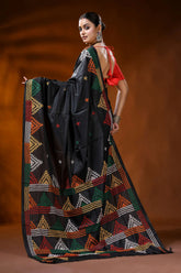 Ebony black silk gujarati stitch saree multicolor geometric design 5
