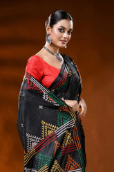 Ebony black silk gujarati stitch saree multicolor geometric design 2