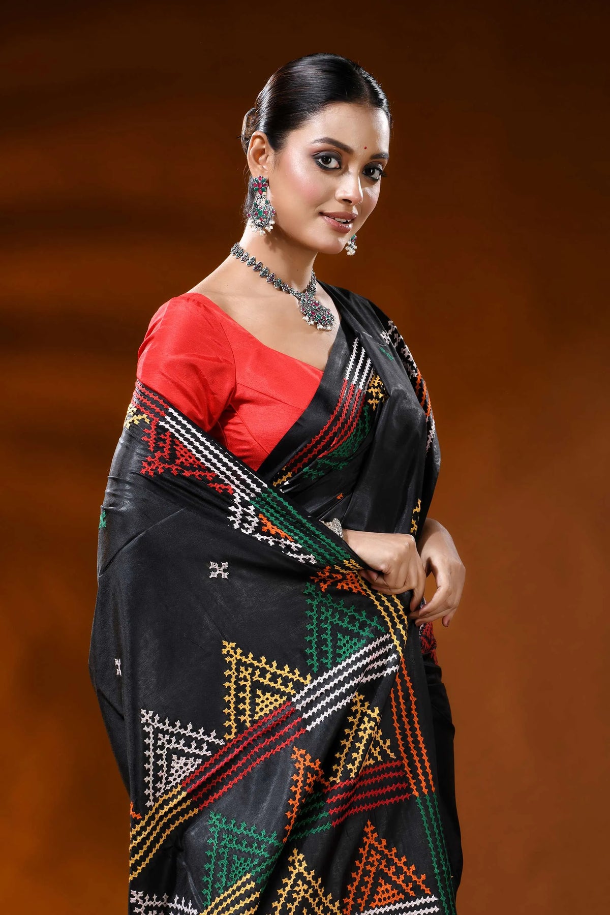 Ebony black silk gujarati stitch saree multicolor geometric design 2