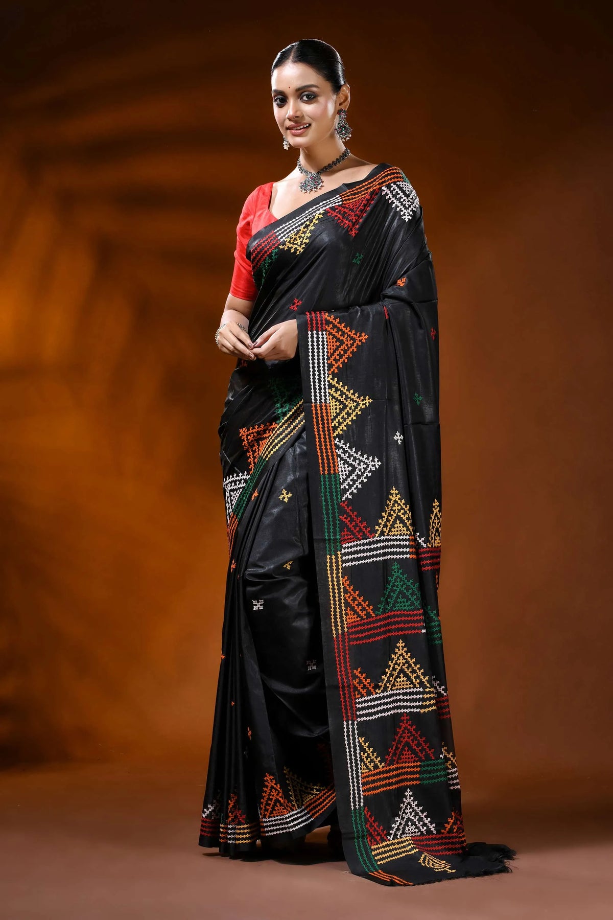 Ebony black silk gujarati stitch saree multicolor geometric design 6