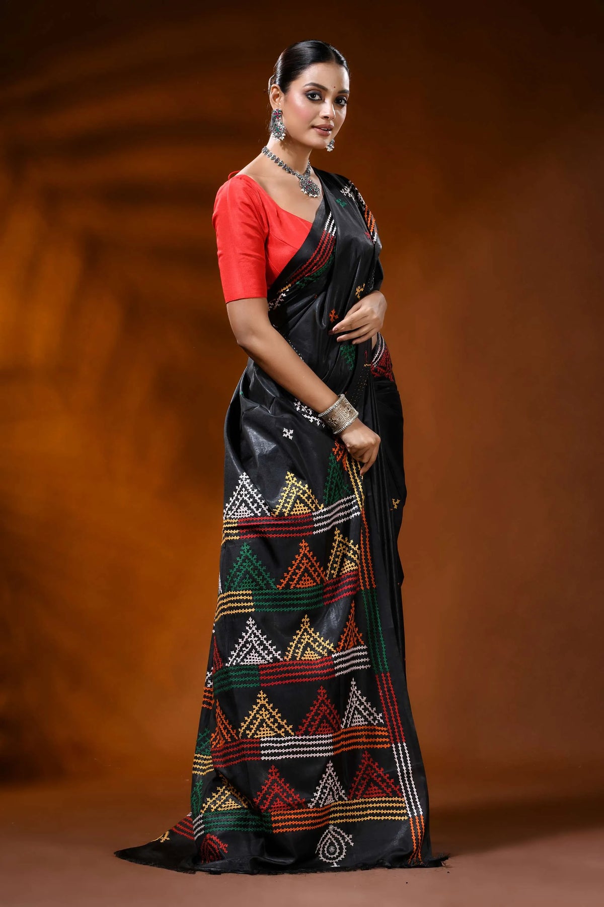 Ebony black silk gujarati stitch saree multicolor geometric design 4