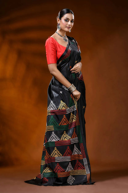 Ebony black silk gujarati stitch saree multicolor geometric design 4