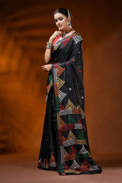 Ebony black silk gujarati stitch saree multicolor geometric design 3