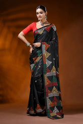 Ebony black silk gujarati stitch saree multicolor geometric design 1