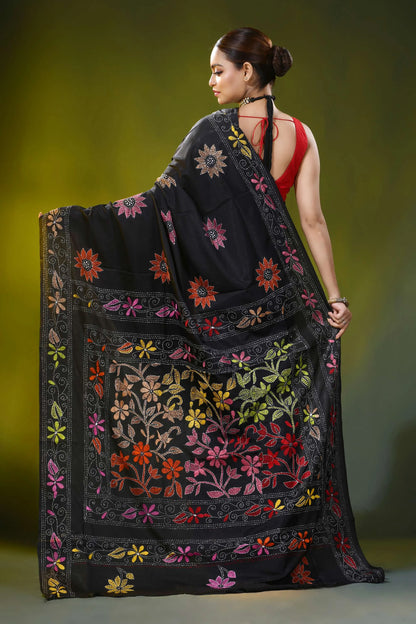 Ebony black silk kantha saree with handcrafted floral border motif 5