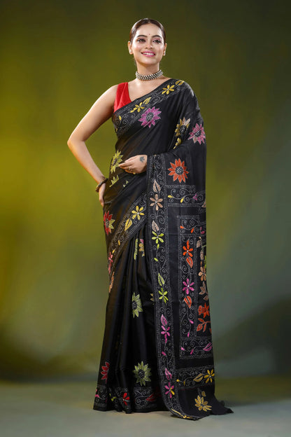 Ebony black silk kantha saree with handcrafted floral border motif 6