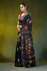 Ebony black silk kantha saree with handcrafted floral border motif 3