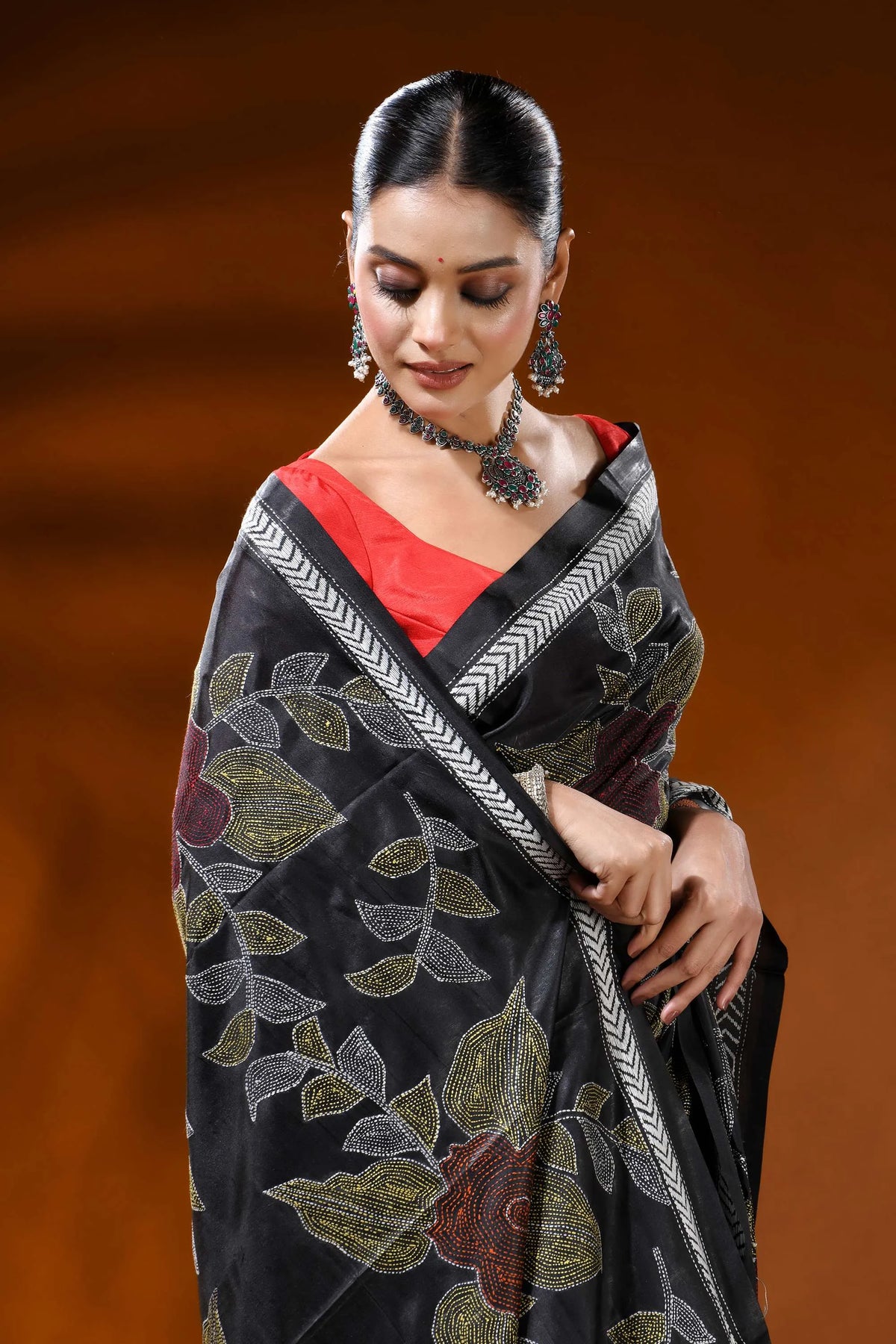 Ebony black silk kantha saree with handcrafted large floral motif 2