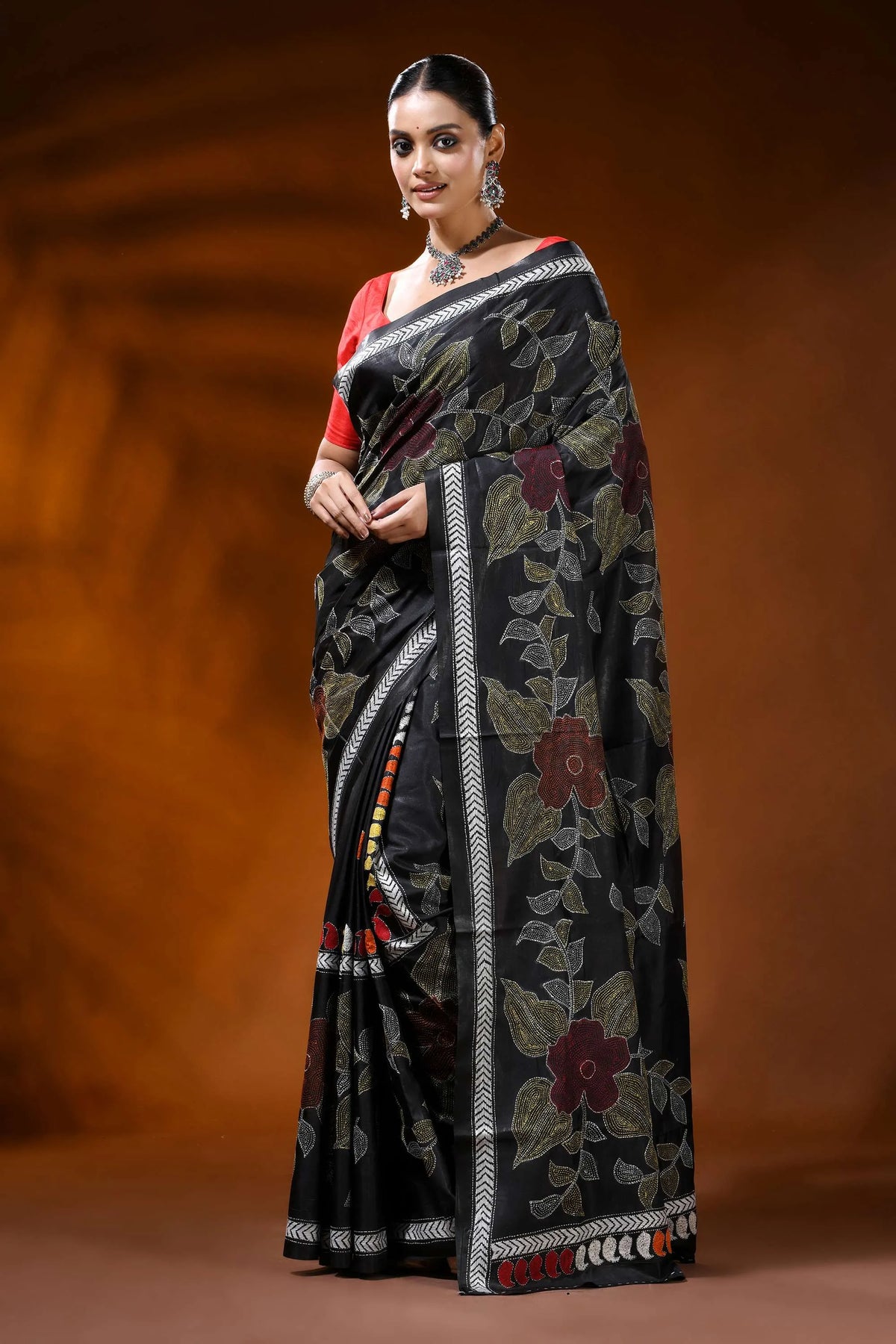 Ebony black silk kantha saree with handcrafted large floral motif 6