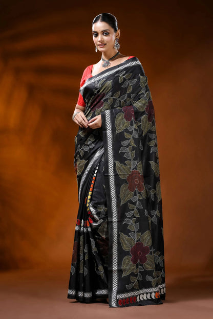 Ebony black silk kantha saree with handcrafted large floral motif 6