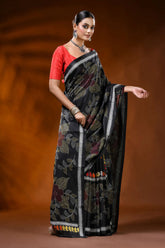 Ebony black silk kantha saree with handcrafted large floral motif 3