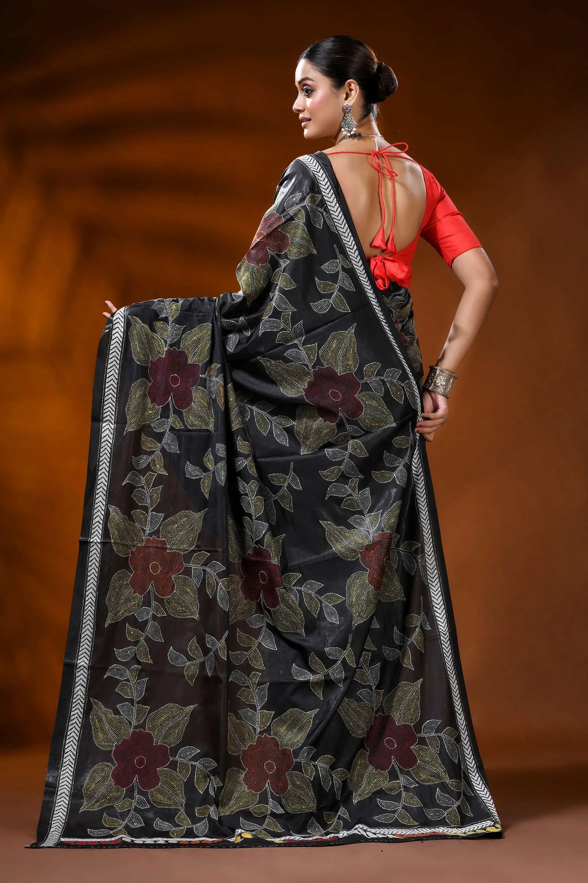 Ebony black silk kantha saree with handcrafted large floral motif 5