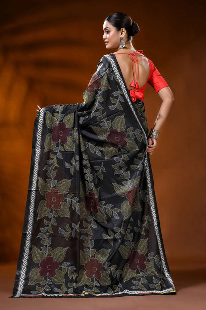 Ebony black silk kantha saree with handcrafted large floral motif 5