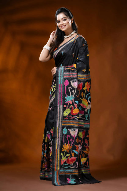 Ebony black silk kantha saree with multicolor bird floral embroidery 3